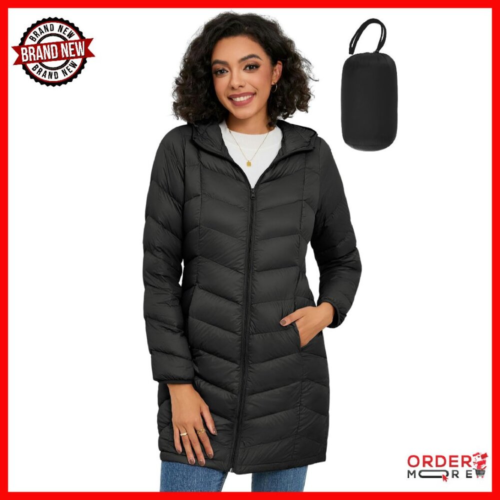 Women’s Black Packable Long Puffer Jacket with Hood